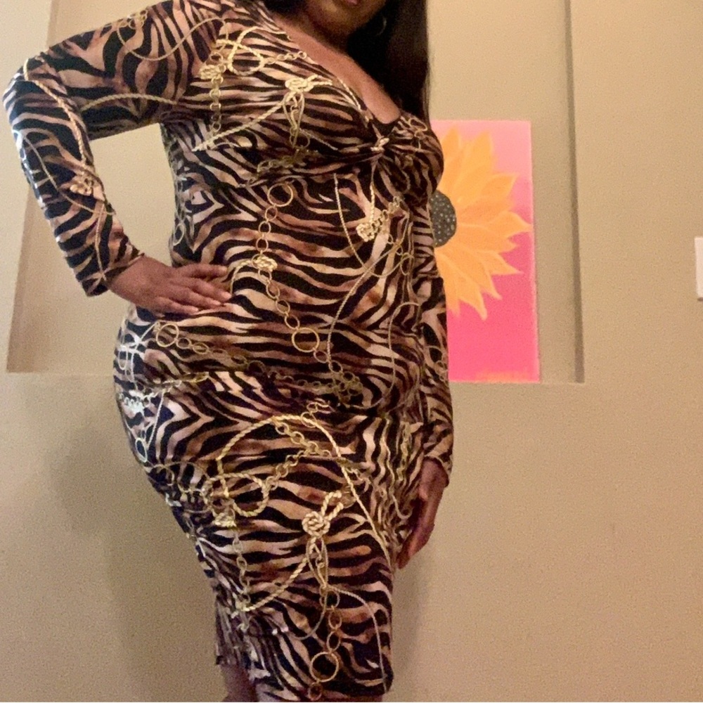 SHEIN Brown Black Long Sleeve Sheath Dress